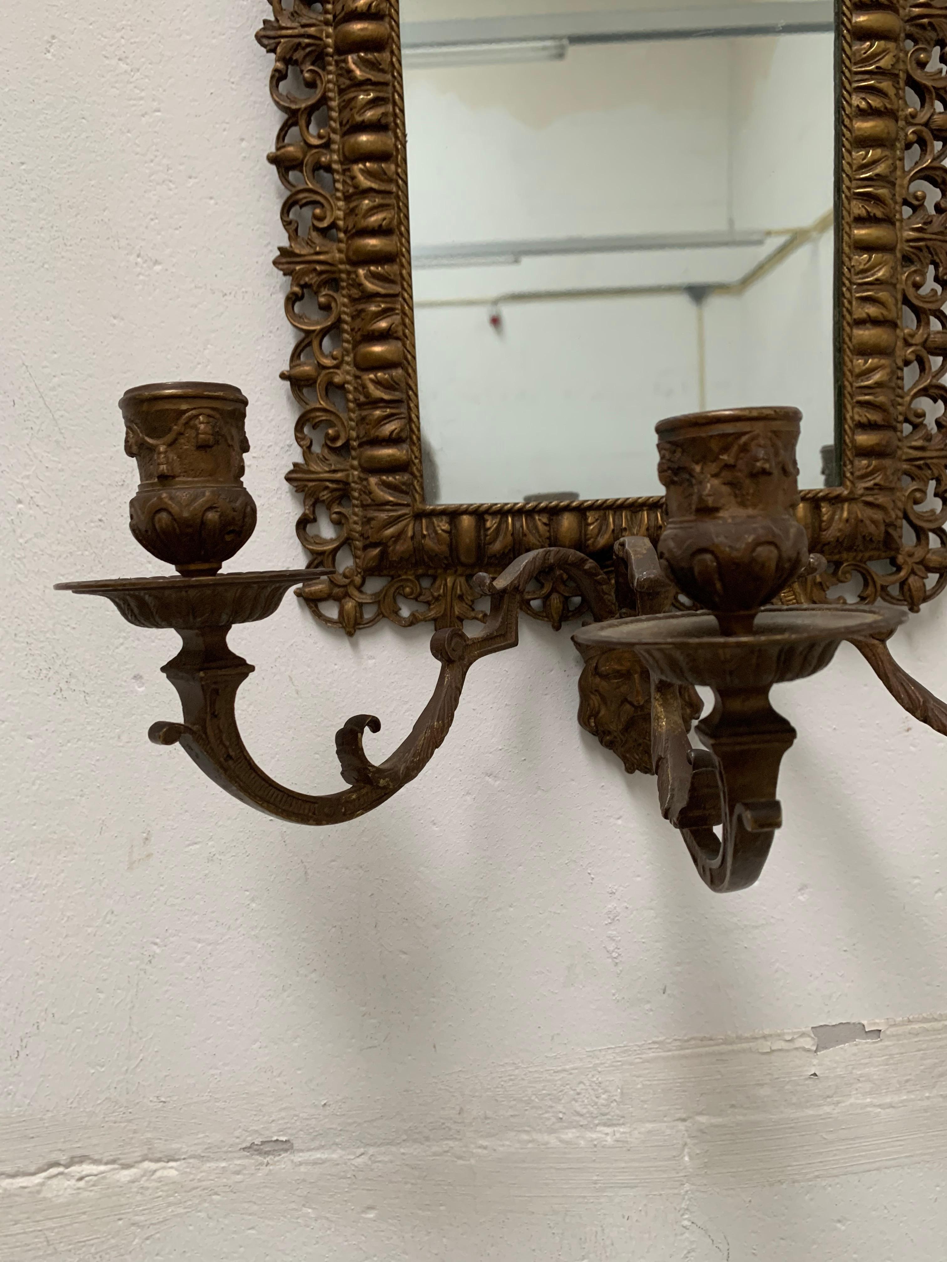 Rare Renaissance Revival Bronze Wall Mirror with Candelabras and Stunning Masks For Sale 3