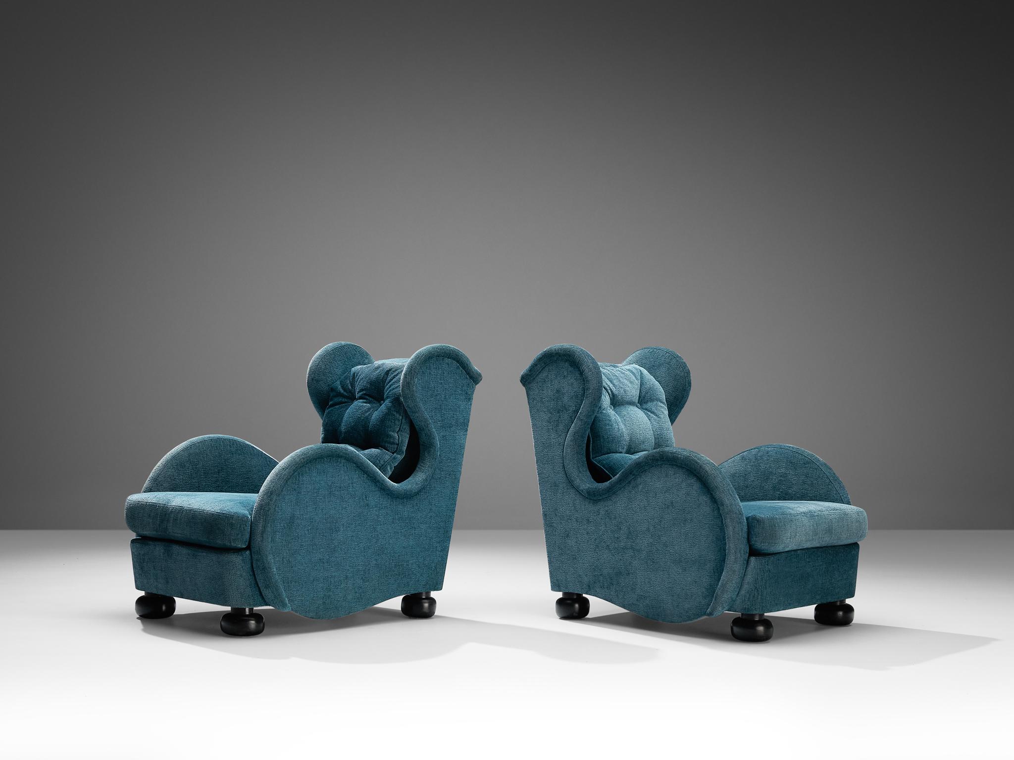 René Drouet, pair of lounge chairs, velvet, lacquered wood, France, 1940s

These magnificent lounge chairs by the French decorator René Drouet, are a quintessential representation of the late Art Deco period of the 1940s. The defining feature of