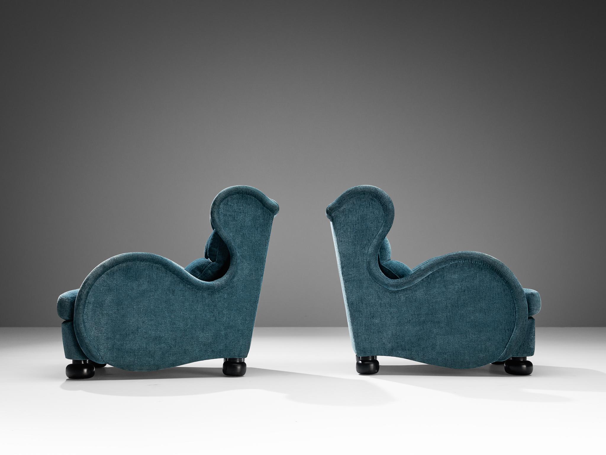 Rare René Drouet Pair of Easy Chairs in Blue Velvet  In Good Condition For Sale In Waalwijk, NL