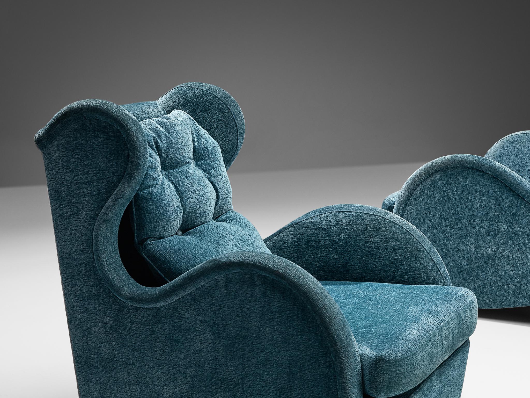 Mid-20th Century Rare René Drouet Pair of Easy Chairs in Blue Velvet  For Sale