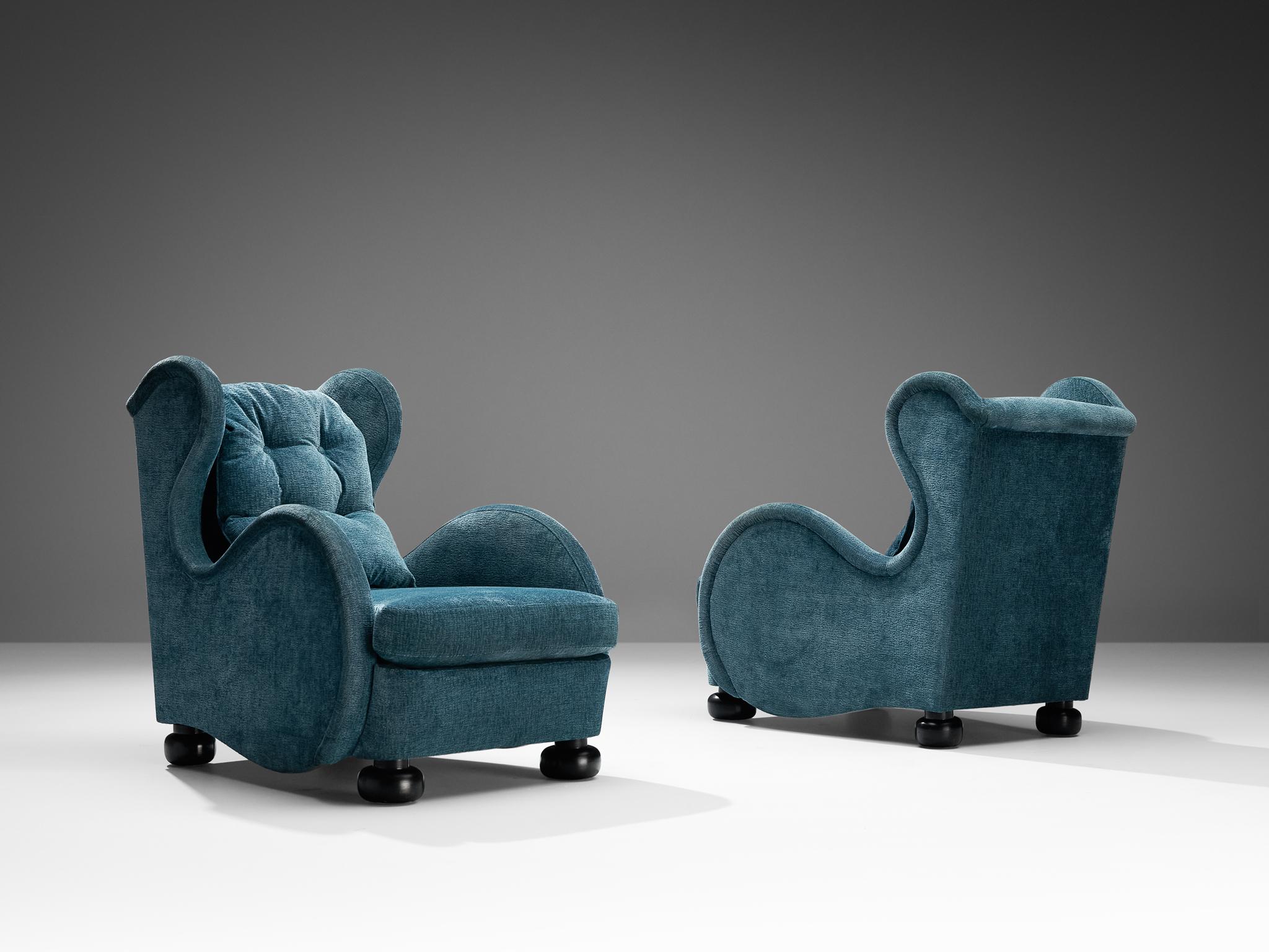 Milieu du XXe siècle Rare paire de fauteuils René Drouet en velours bleu  en vente