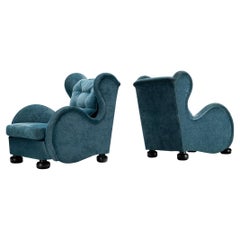Vintage Rare René Drouet Pair of Easy Chairs in Blue Velvet