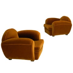 Rare René Drouet Pair of Lounge Chairs in Caramel Mohair by Pierre Frey