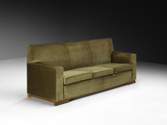 Rare René Drouet Three-Seat Sofa in Olive Green Velvet and Walnut