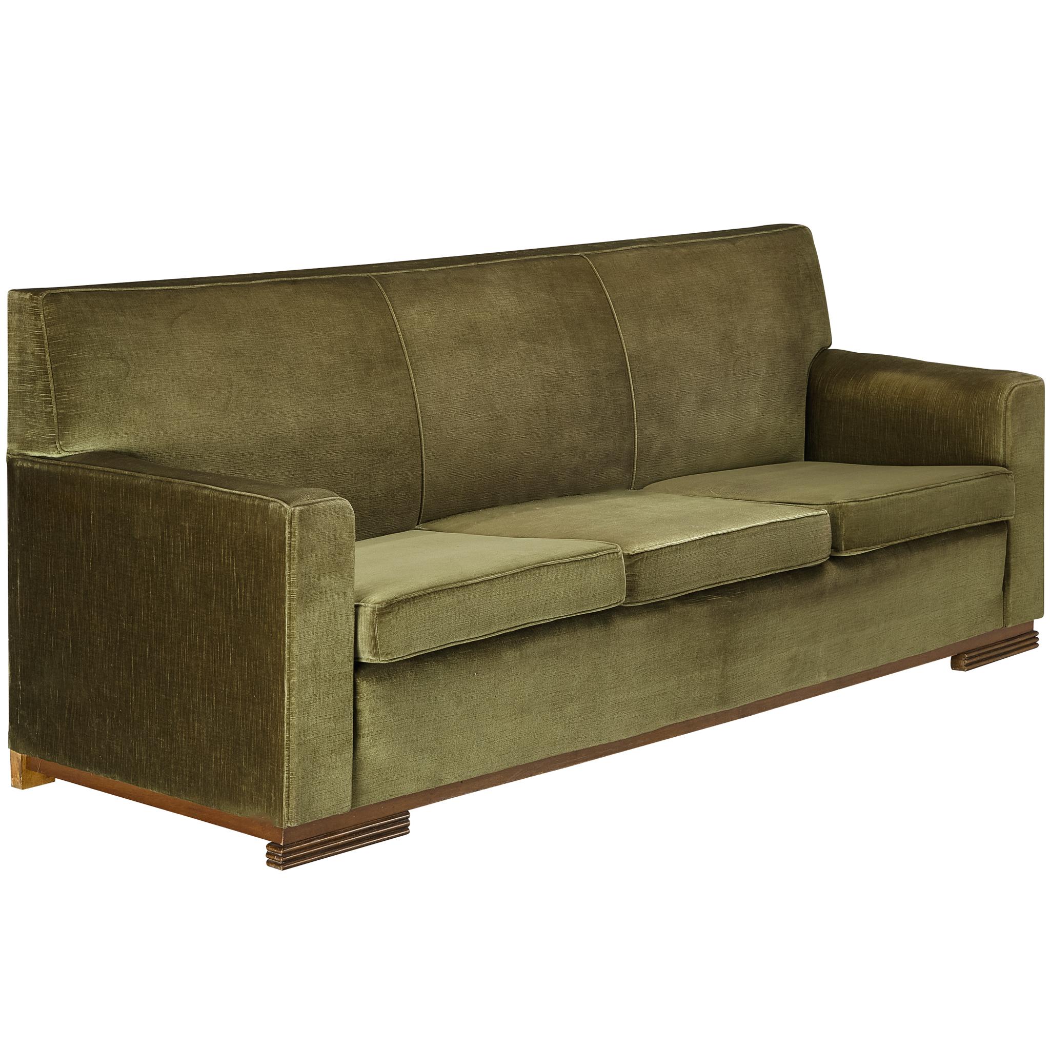 Rare René Drouet Three-Seat Sofa in Olive Green Velvet and Walnut For Sale
