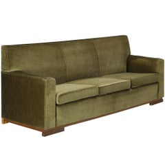 Rare René Drouet Three-Seat Sofa in Olive Green Velvet and Walnut