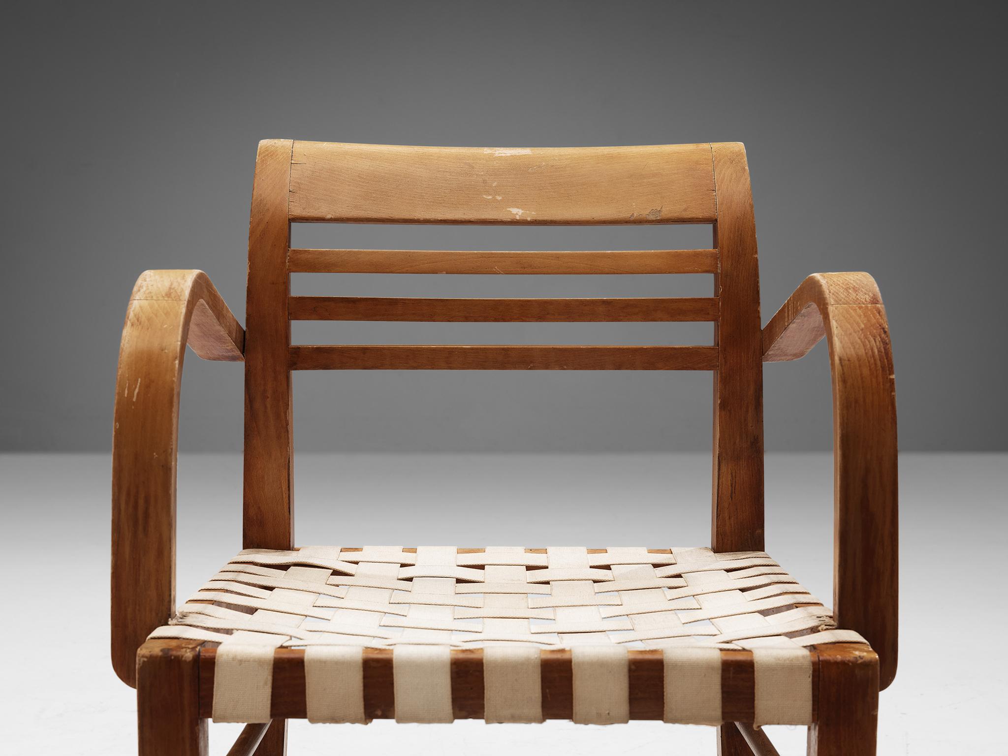 Seltener René Gabriel Art Deco Sessel in Gitter Canvas Polsterung und Holz  (Art déco) im Angebot