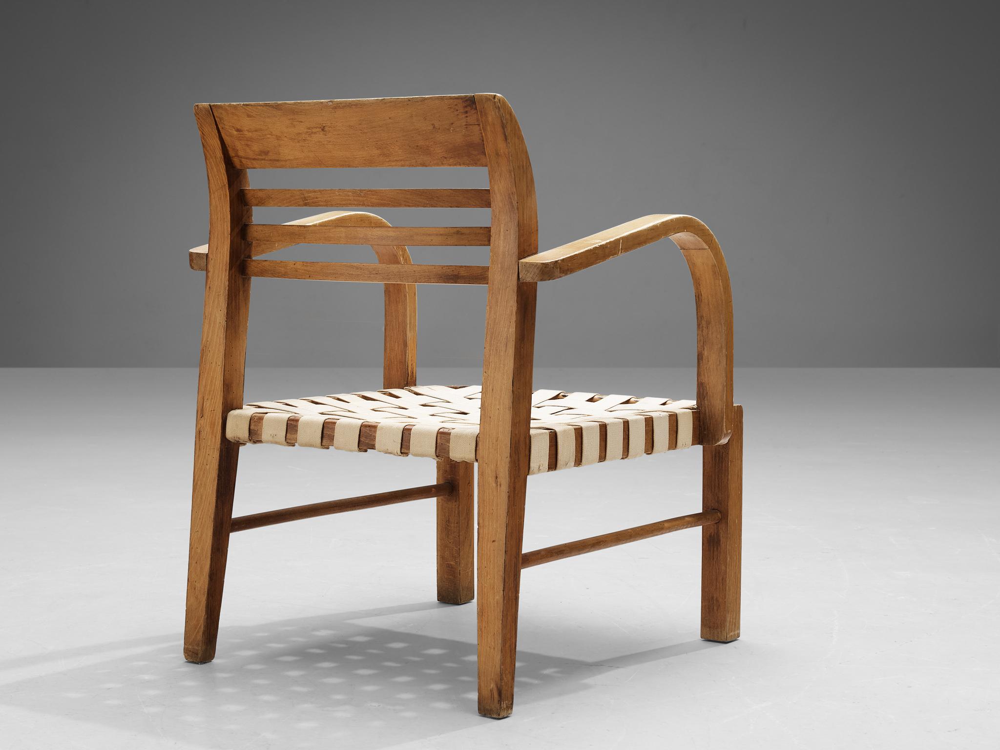 Art déco Rare fauteuil art déco René Gabriel en toile quadrillée et bois  en vente
