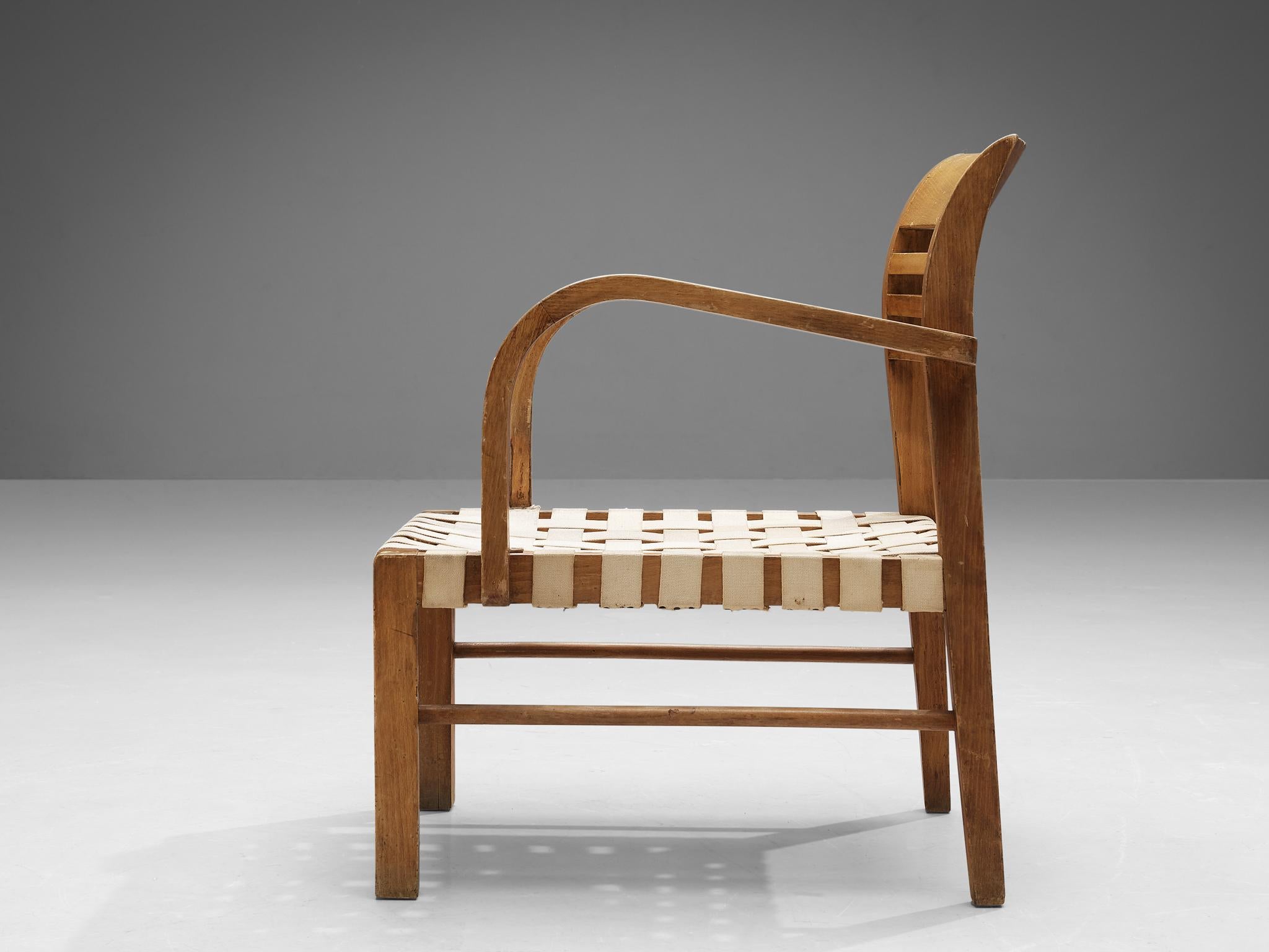 Rare fauteuil art déco René Gabriel en toile quadrillée et bois  Bon état - En vente à Waalwijk, NL