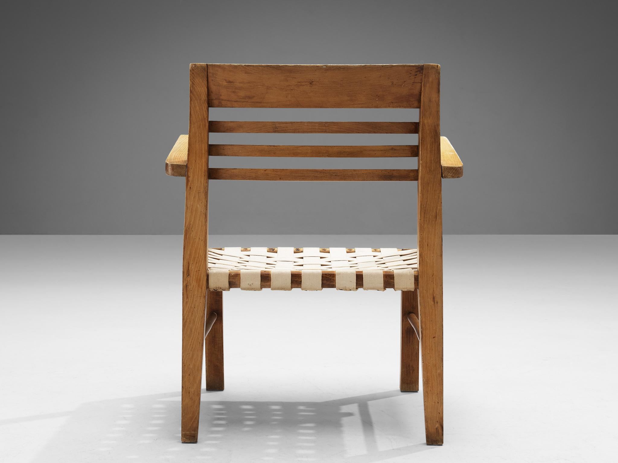 Seltener René Gabriel Art Deco Sessel in Gitter Canvas Polsterung und Holz  im Angebot 1