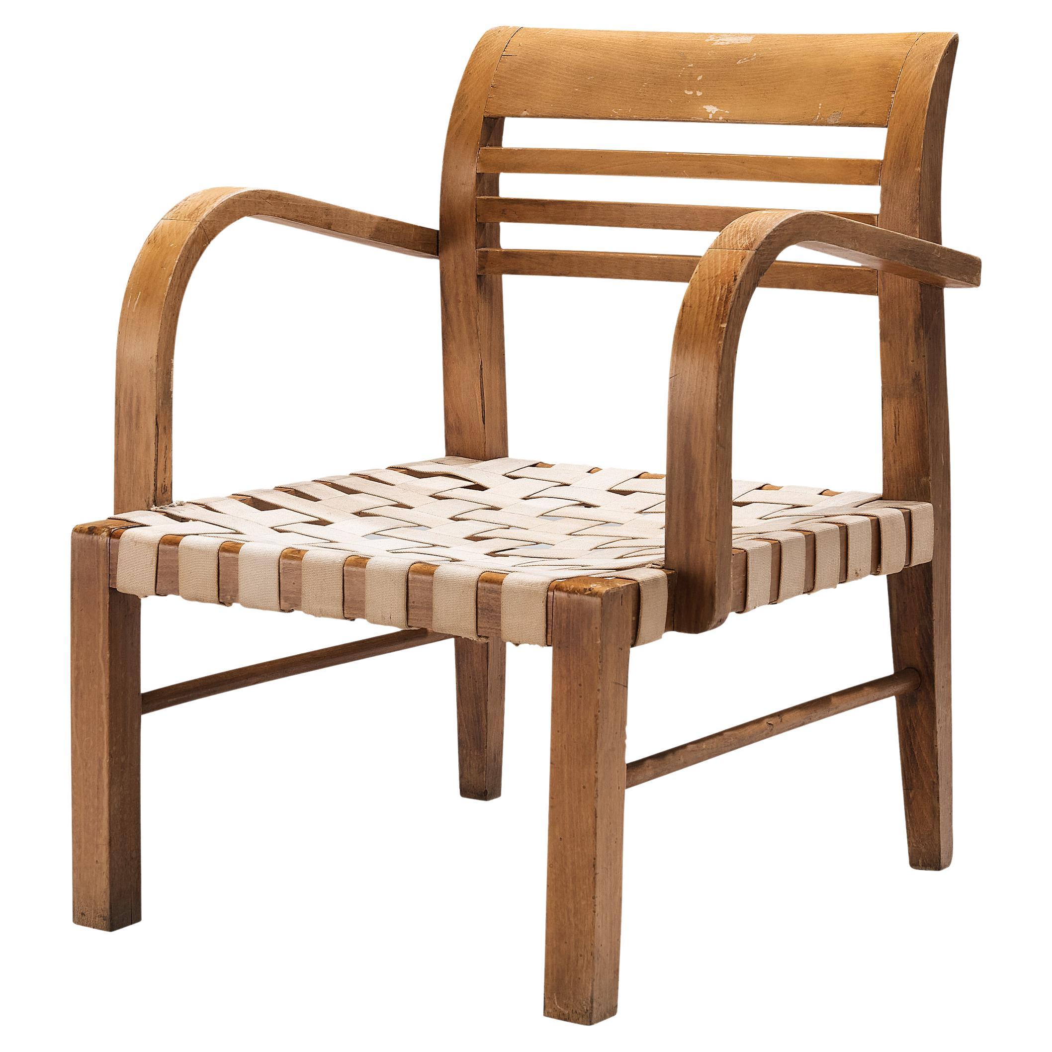 Rare fauteuil art déco René Gabriel en toile quadrillée et bois 