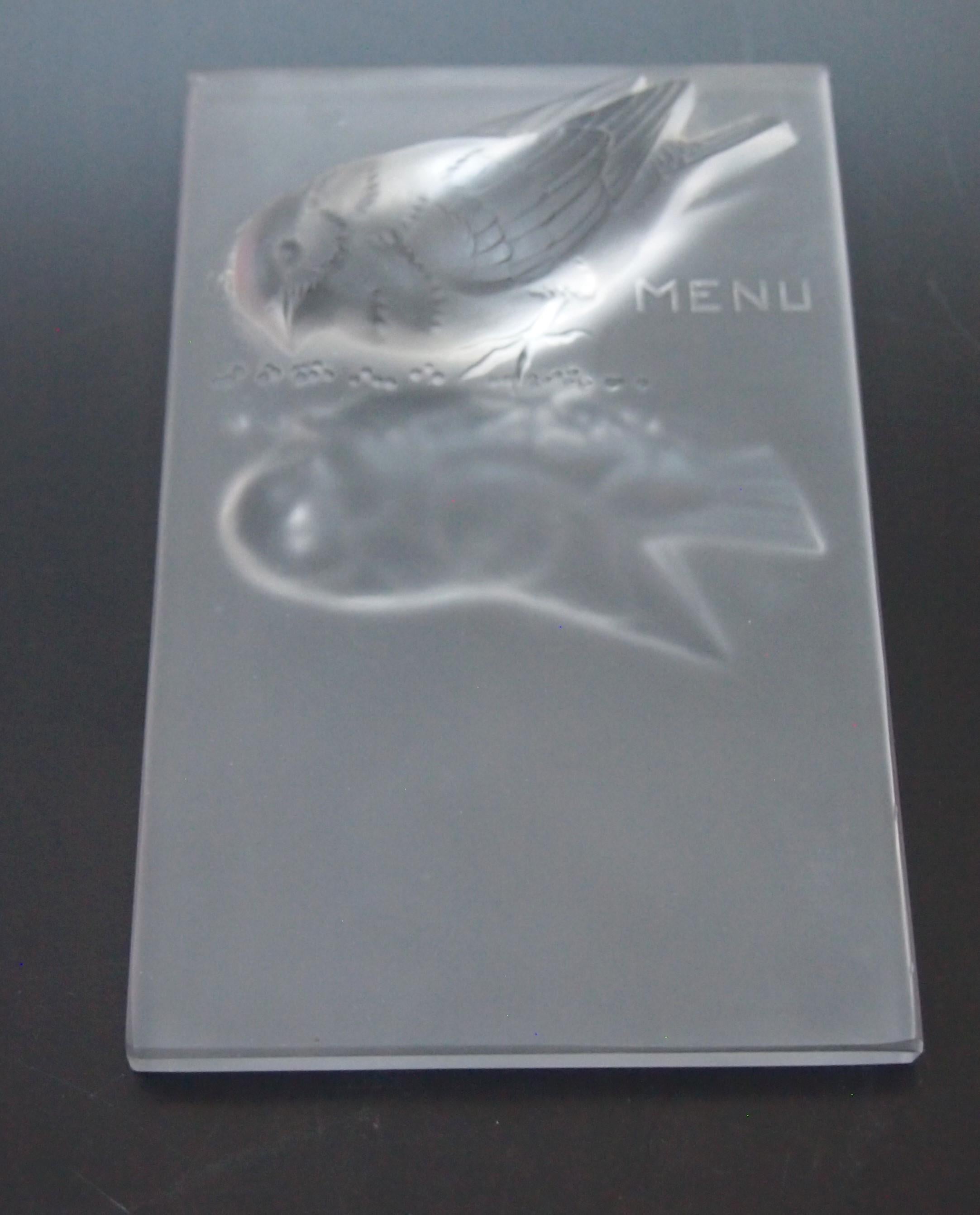 Seltenes Moineau-Menü aus klarem Glas von Rene Lalique, signiert um 1931 (Französisch) im Angebot