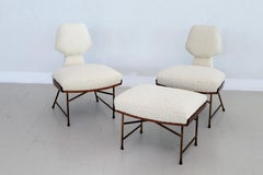 Rare Renzo Zavanella Slipper Chairs and Ottoman in Walnut and Bouclé, 1950