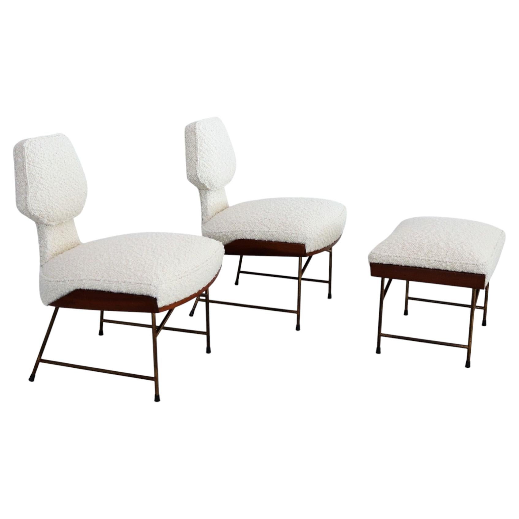 Rare Renzo Zavanella Slipper Chairs and Ottoman in Walnut and Bouclé, 1950 For Sale