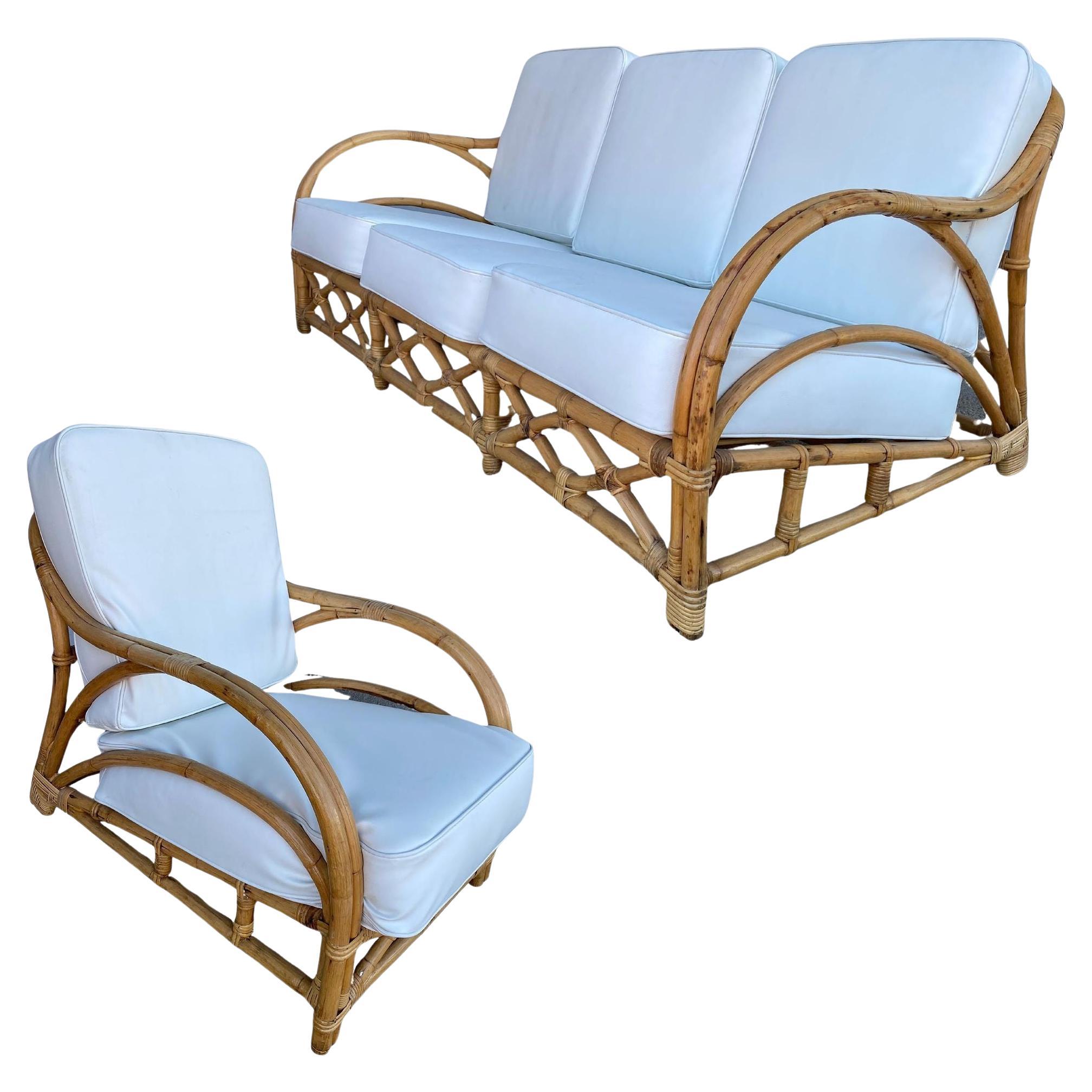 Rare Restored "1940s Transition" Rattan Sofa and Lounge Chair Living Room Set For Sale