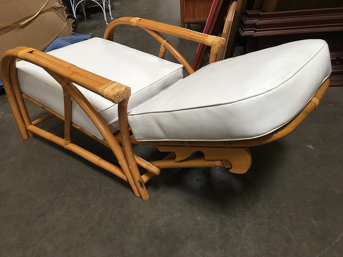 Rare Restored 1949 Rattan Reclining Lounge Chair with Arched Arms In Excellent Condition For Sale In Van Nuys, CA