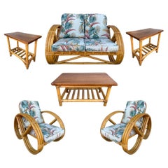 Rare Restored 3-Strand Child Size Round Full Pretzel Rattan Living Room Set