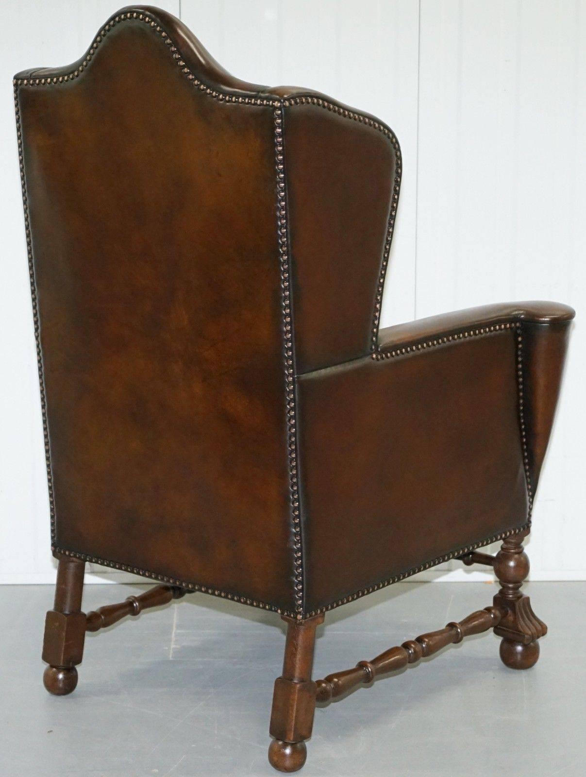 Rare Restored Aged Brown Leather Dutch 18th Century circa 1760 Wingback Armchair 4