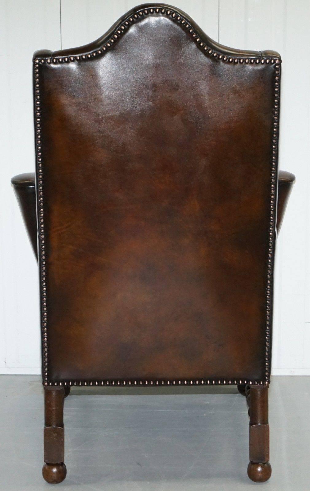 Rare Restored Aged Brown Leather Dutch 18th Century circa 1760 Wingback Armchair 5