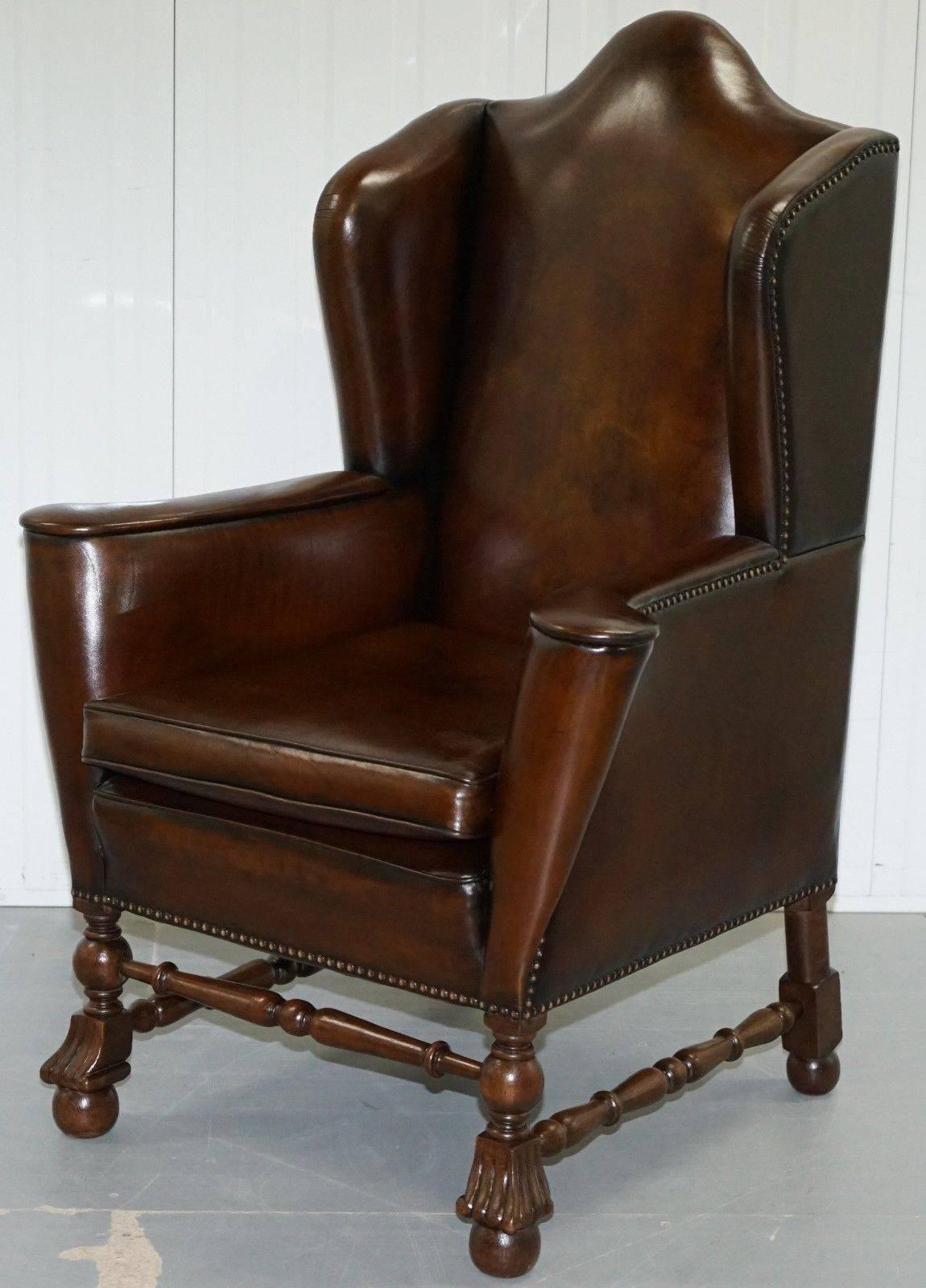 Rare Restored Aged Brown Leather Dutch 18th Century circa 1760 Wingback Armchair 6
