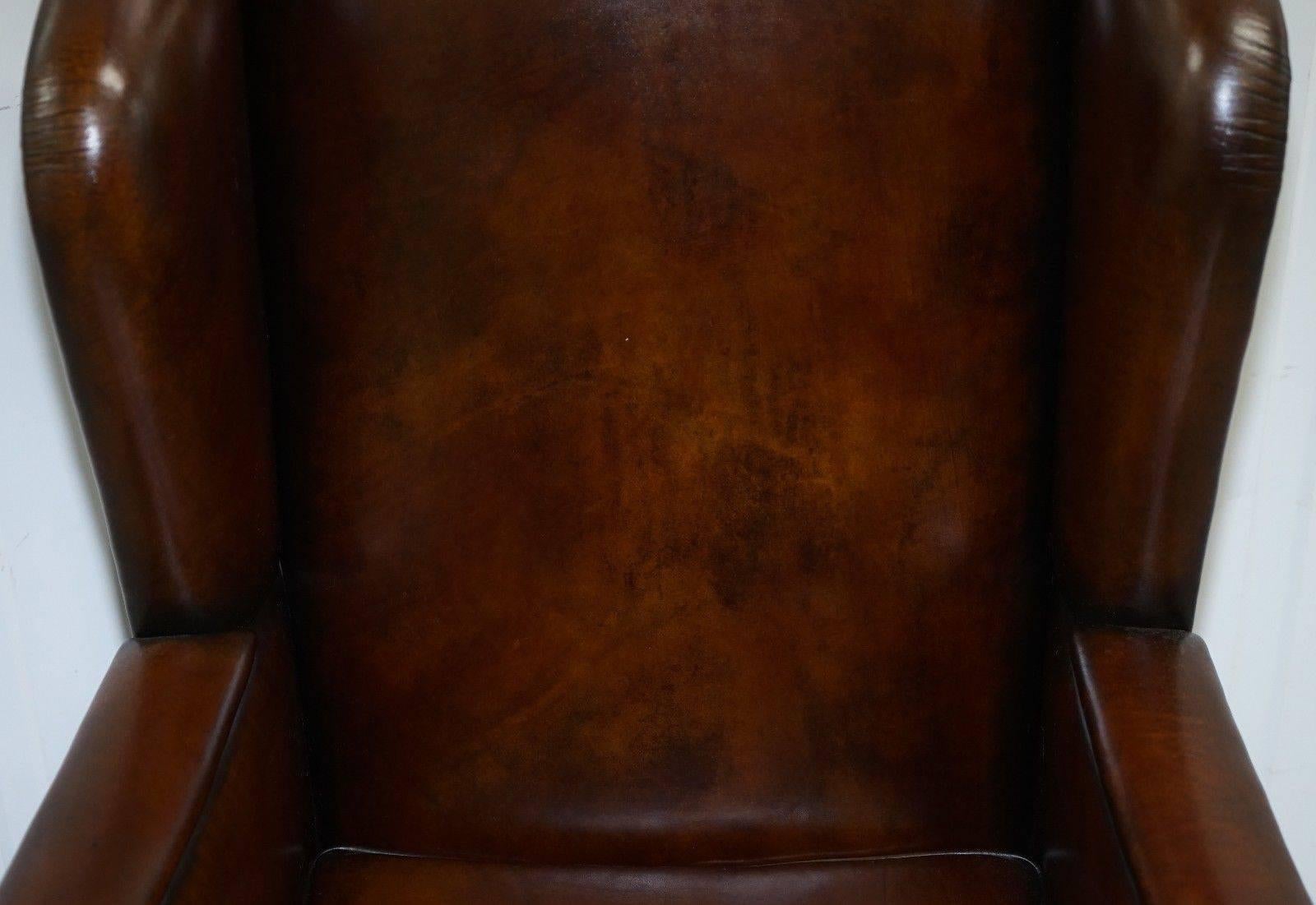 Danish Rare Restored Aged Brown Leather Dutch 18th Century circa 1760 Wingback Armchair