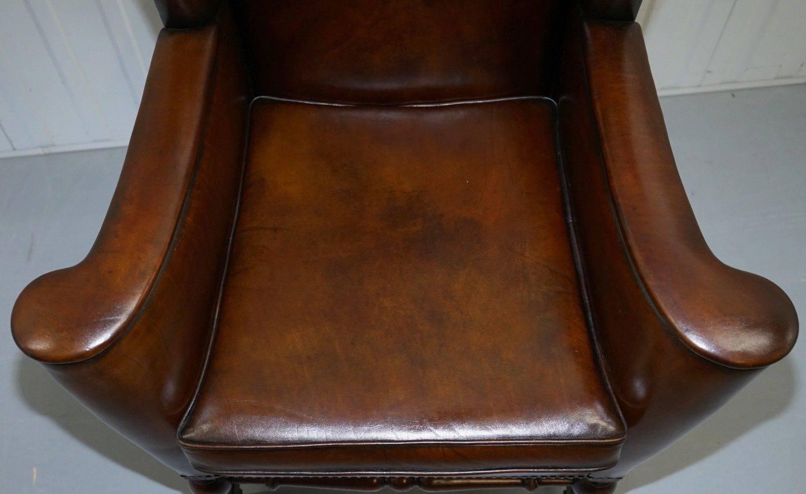 Hand-Crafted Rare Restored Aged Brown Leather Dutch 18th Century circa 1760 Wingback Armchair