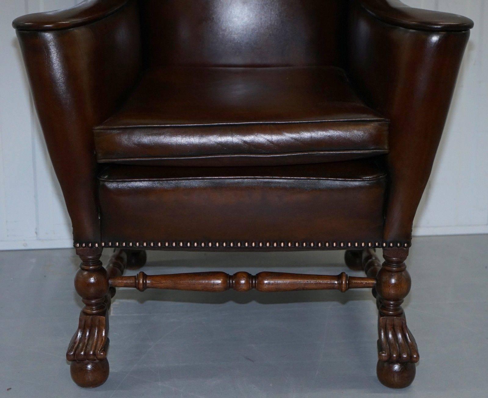 Rare Restored Aged Brown Leather Dutch 18th Century circa 1760 Wingback Armchair 1