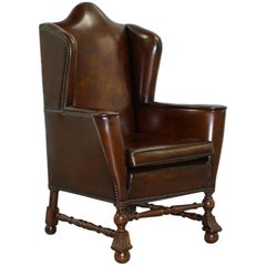 Antique Rare Restored Aged Brown Leather Dutch 18th Century circa 1760 Wingback Armchair