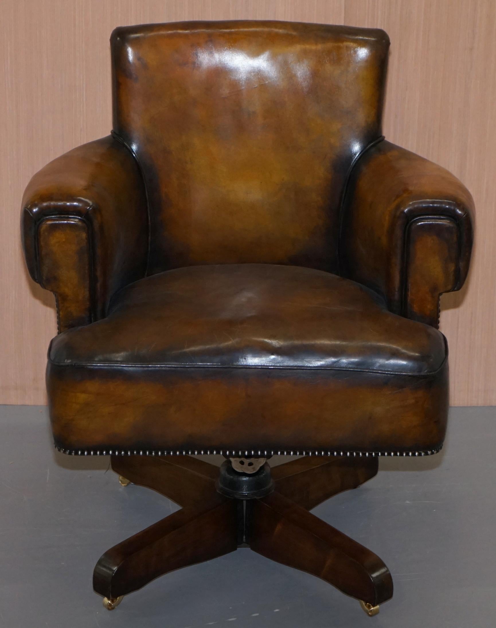 We are delighted to offer for sale this absolutely stunning fully restored Art Deco 1920s hillcrest hand dyed aged cigar brown leather captains chair

A very good looking well made and comfortable office chair, it is height adjustable, there is a