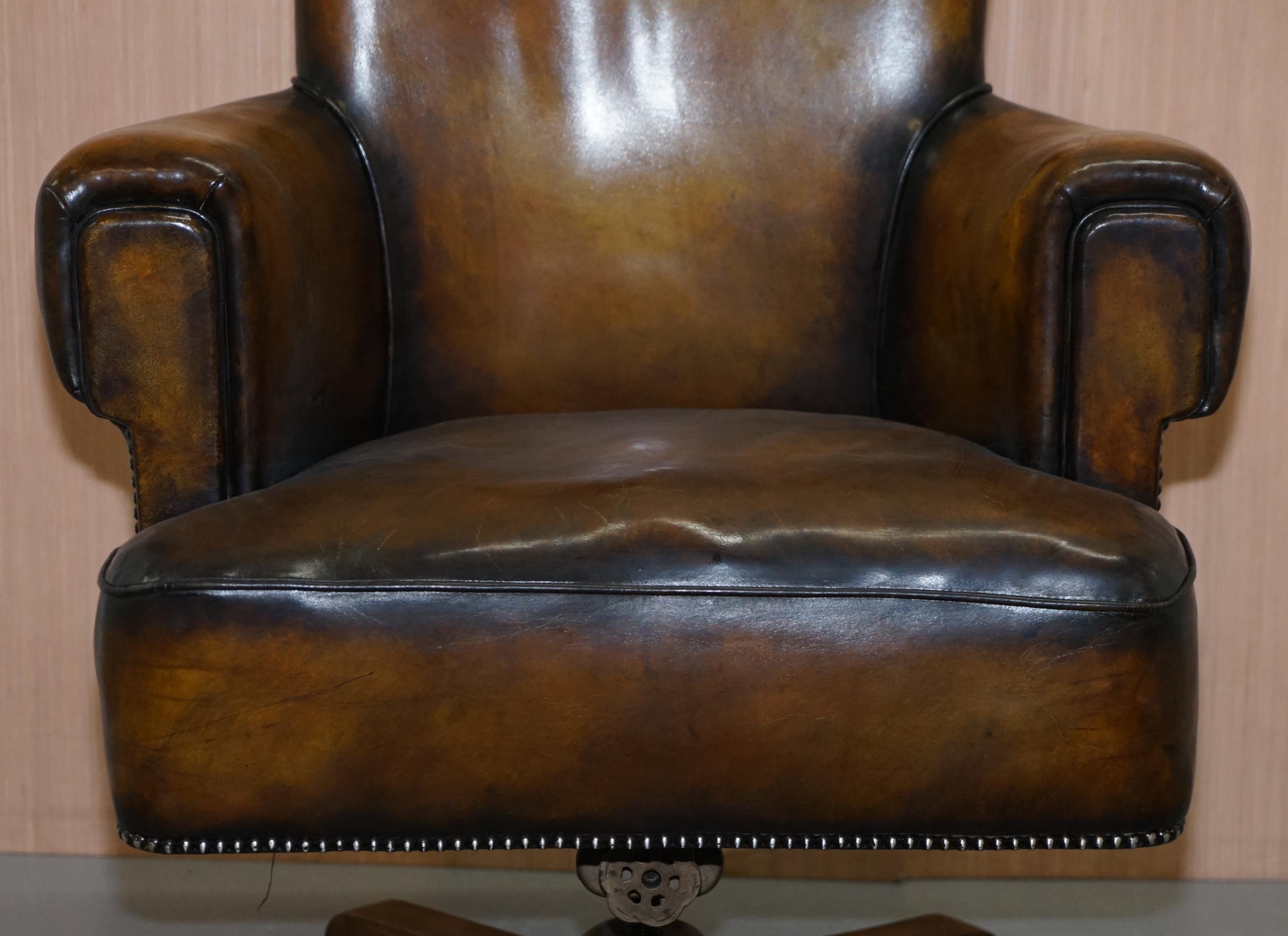 Early 20th Century Rare Restored Art Deco Hillcrest 1920 Brown Leather Captains Swivel Office Chair
