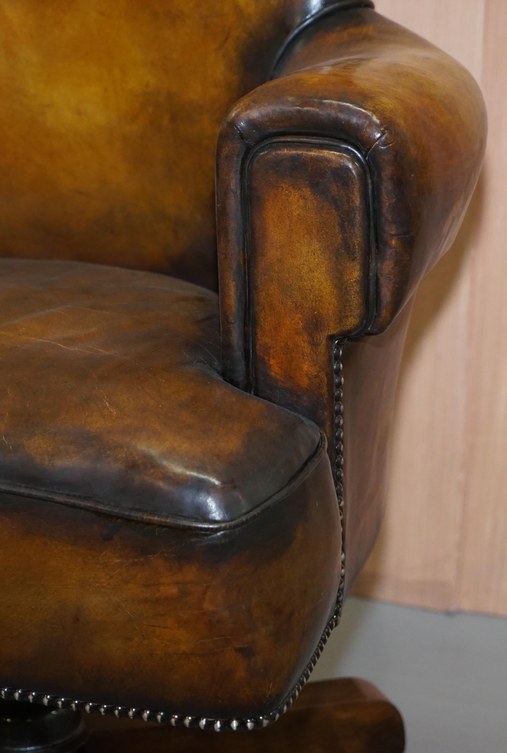 Rare Restored Art Deco Hillcrest 1920 Brown Leather Captains Swivel Office Chair 1