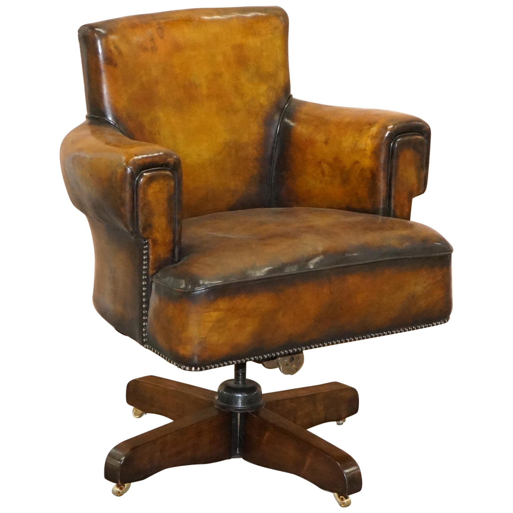 Rare Restored Art Deco Hillcrest 1920 Brown Leather Captains Swivel Office Chair