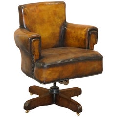 Antique Rare Restored Art Deco Hillcrest 1920 Brown Leather Captains Swivel Office Chair