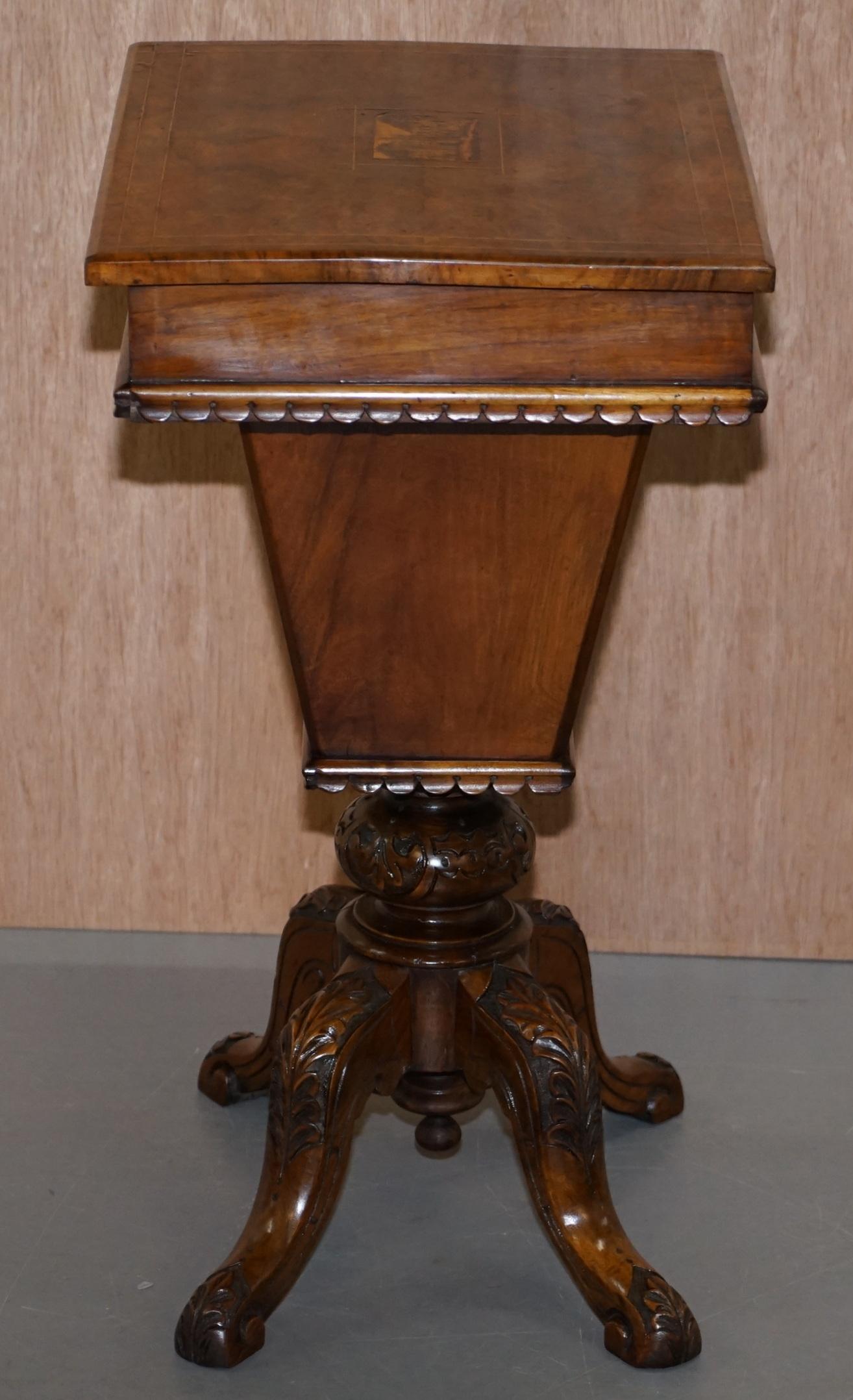 Rare Restored Burr Walnut & Tunbridge Inlaid Sewing Work Box Table Carved Feet For Sale 2