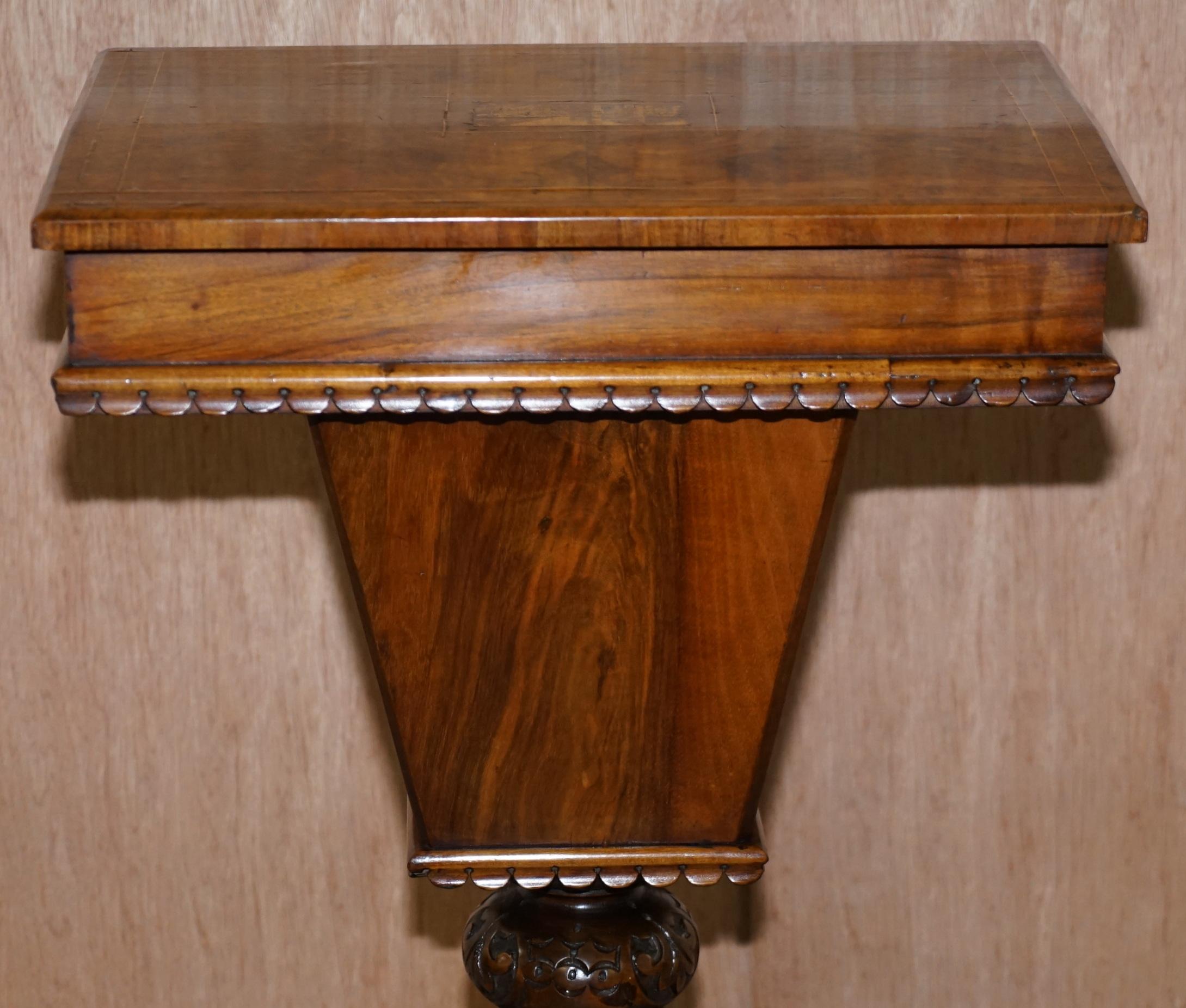 Rare Restored Burr Walnut & Tunbridge Inlaid Sewing Work Box Table Carved Feet For Sale 4
