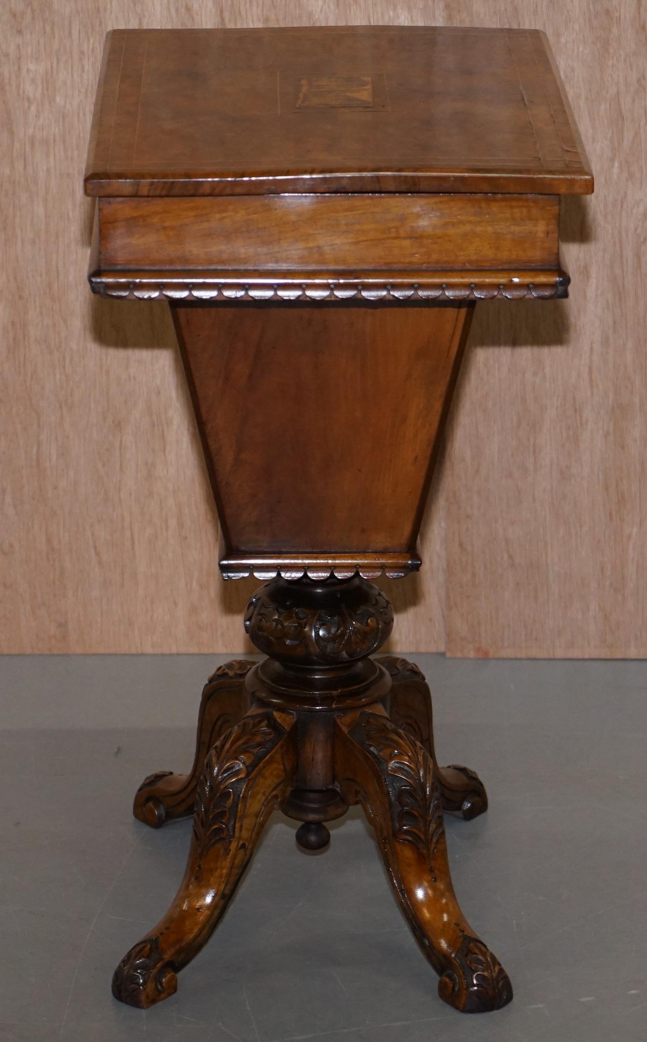 Rare Restored Burr Walnut & Tunbridge Inlaid Sewing Work Box Table Carved Feet For Sale 5