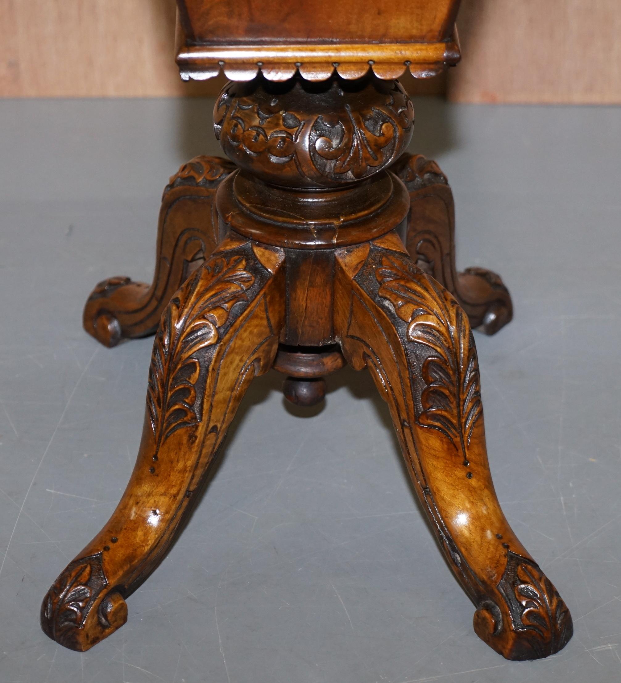 Rare Restored Burr Walnut & Tunbridge Inlaid Sewing Work Box Table Carved Feet For Sale 6