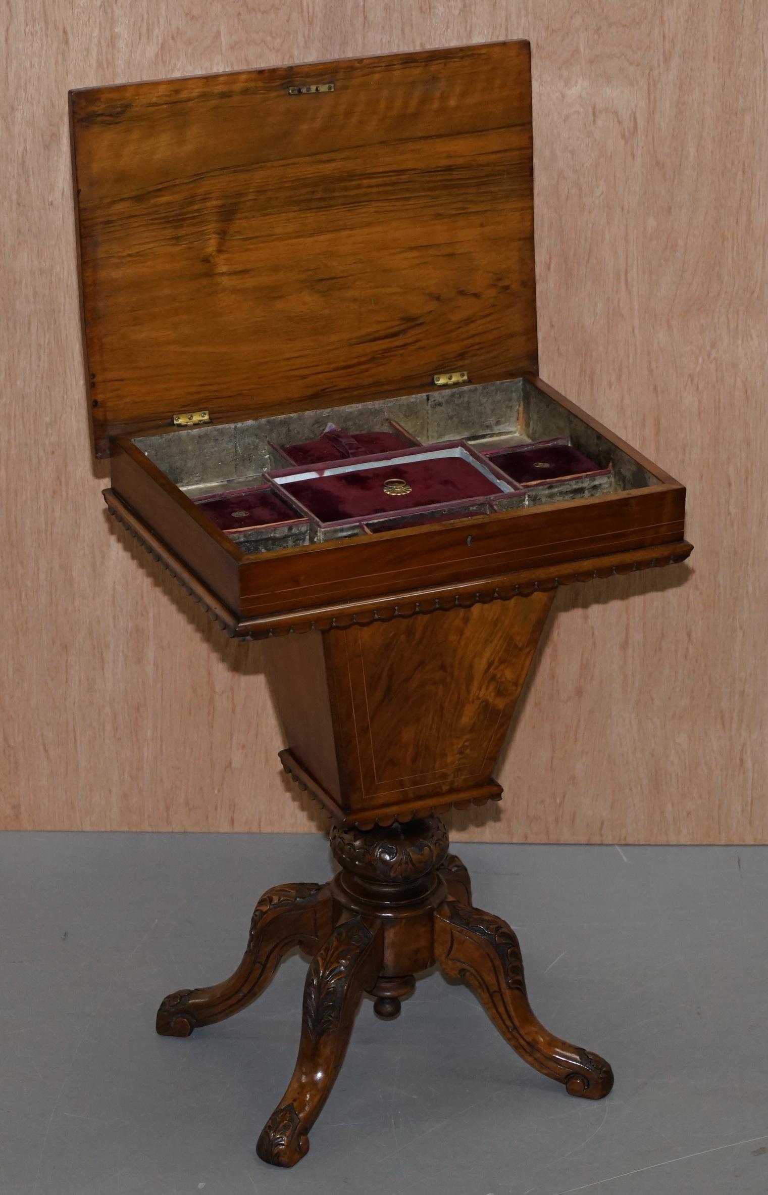 Rare Restored Burr Walnut & Tunbridge Inlaid Sewing Work Box Table Carved Feet For Sale 7