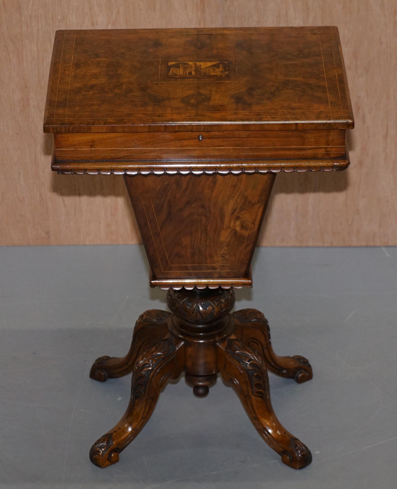 We are delighted to offer for sale this stunning fully restored heavily carved Victorian walnut sewing table with ornately inlaid Tunbridge wear decorated top

A very good looking and decorative piece, I've had it fully restored as its such a good