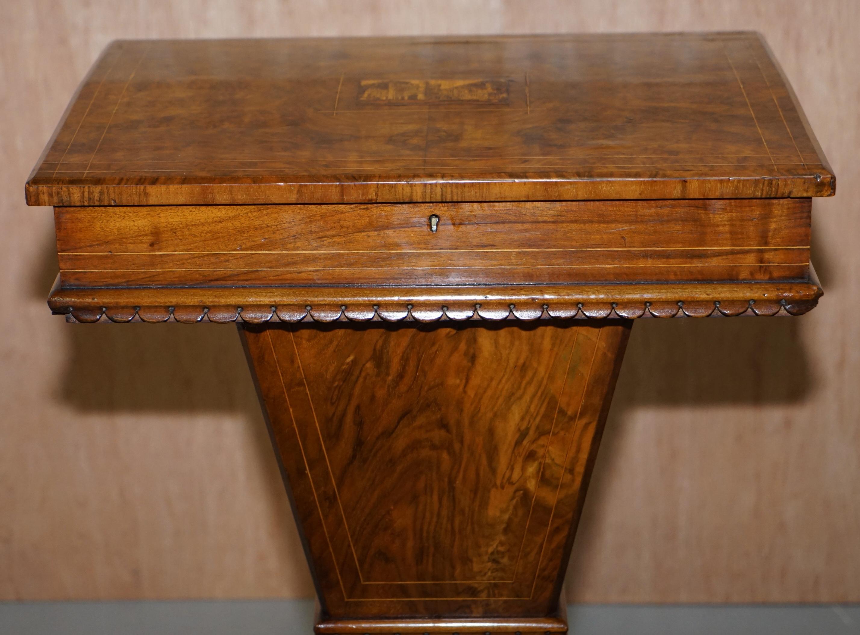 English Rare Restored Burr Walnut & Tunbridge Inlaid Sewing Work Box Table Carved Feet For Sale