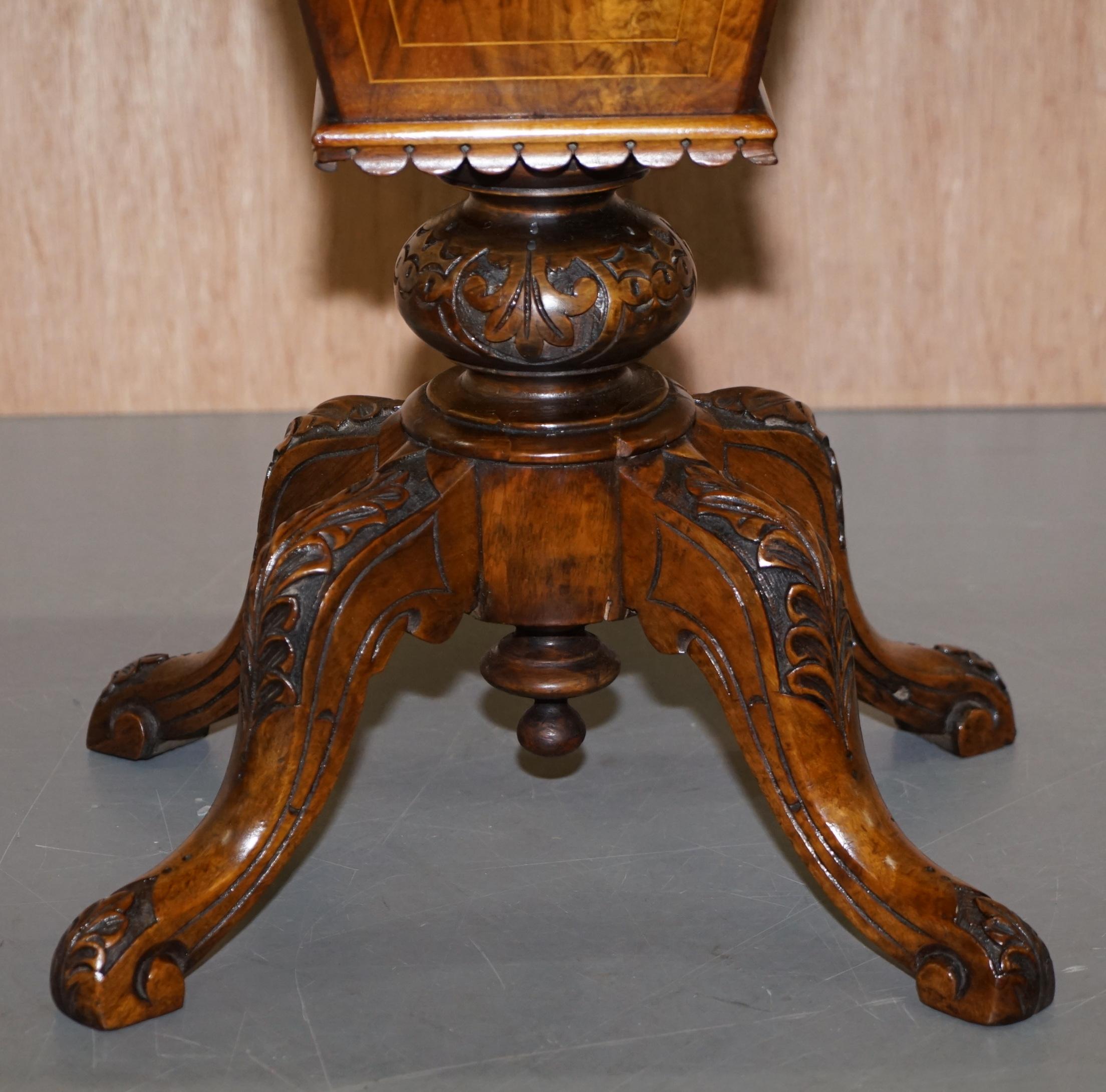 19th Century Rare Restored Burr Walnut & Tunbridge Inlaid Sewing Work Box Table Carved Feet For Sale