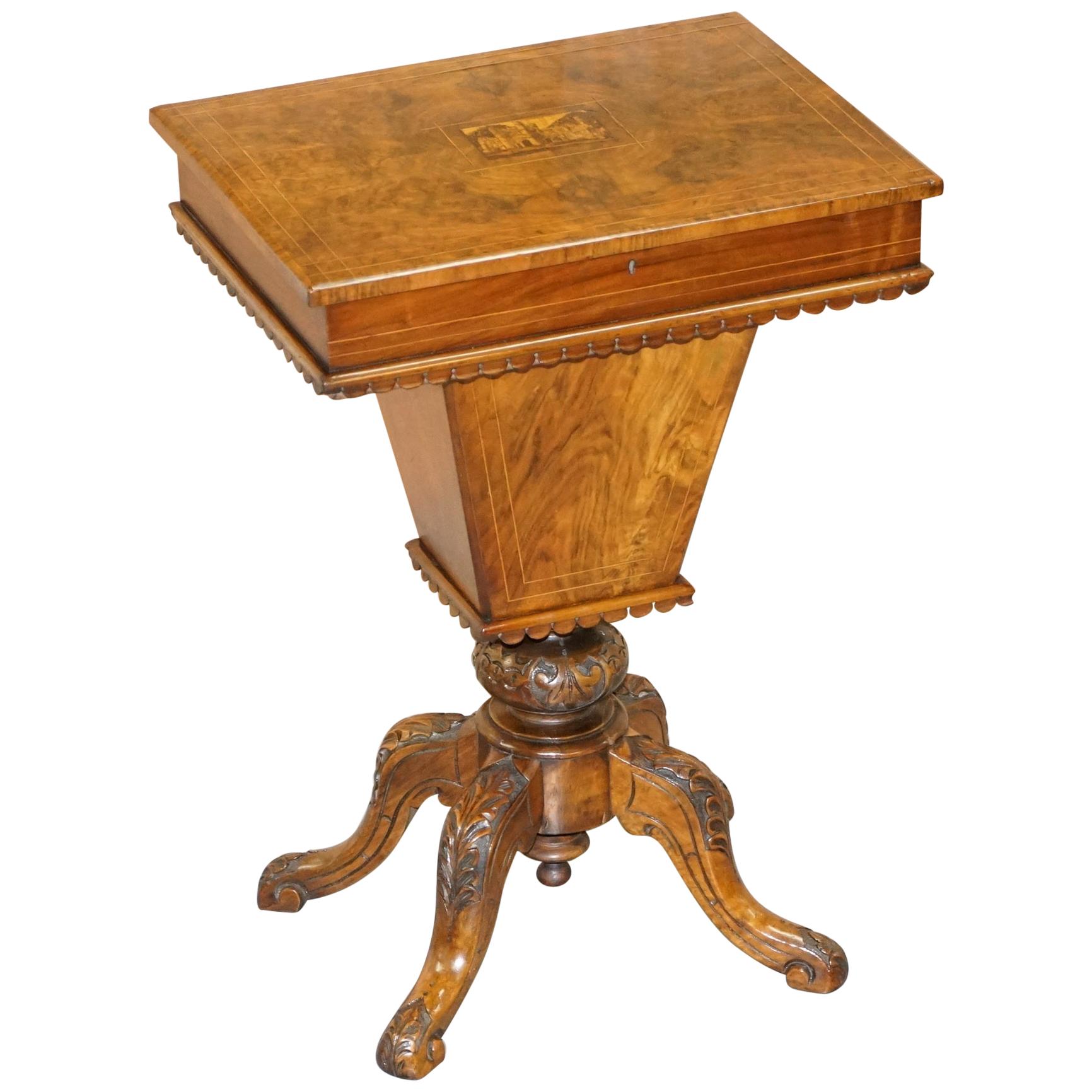 Rare Restored Burr Walnut & Tunbridge Inlaid Sewing Work Box Table Carved Feet For Sale