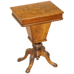 Rare Restored Burr Walnut & Tunbridge Inlaid Sewing Work Box Table Carved Feet