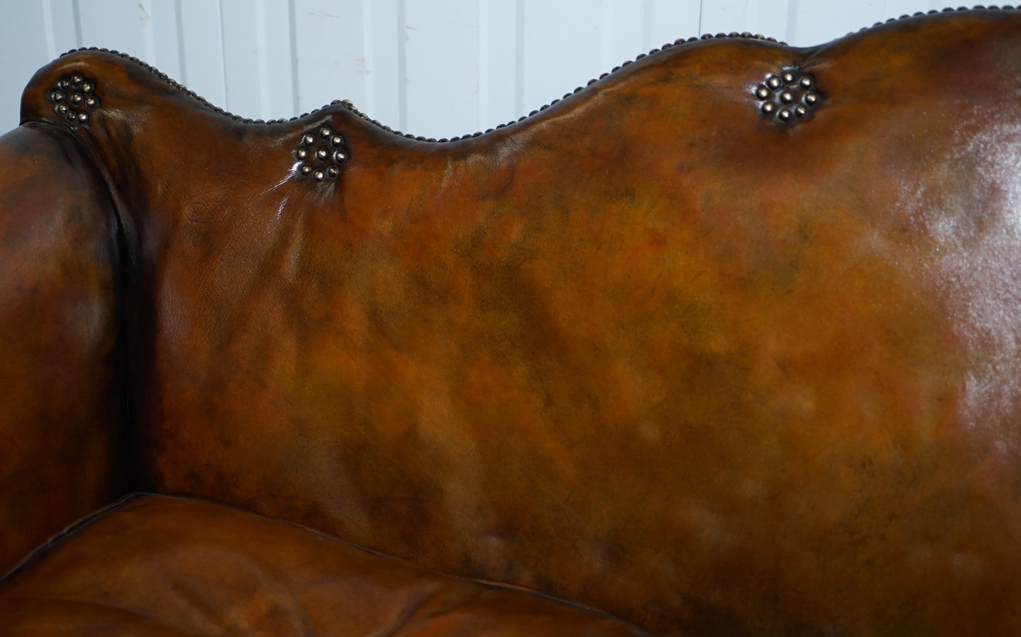 Rare Restored Camel Back Chippendale Buttoned Chesterfield Sofa Brown Leather 2