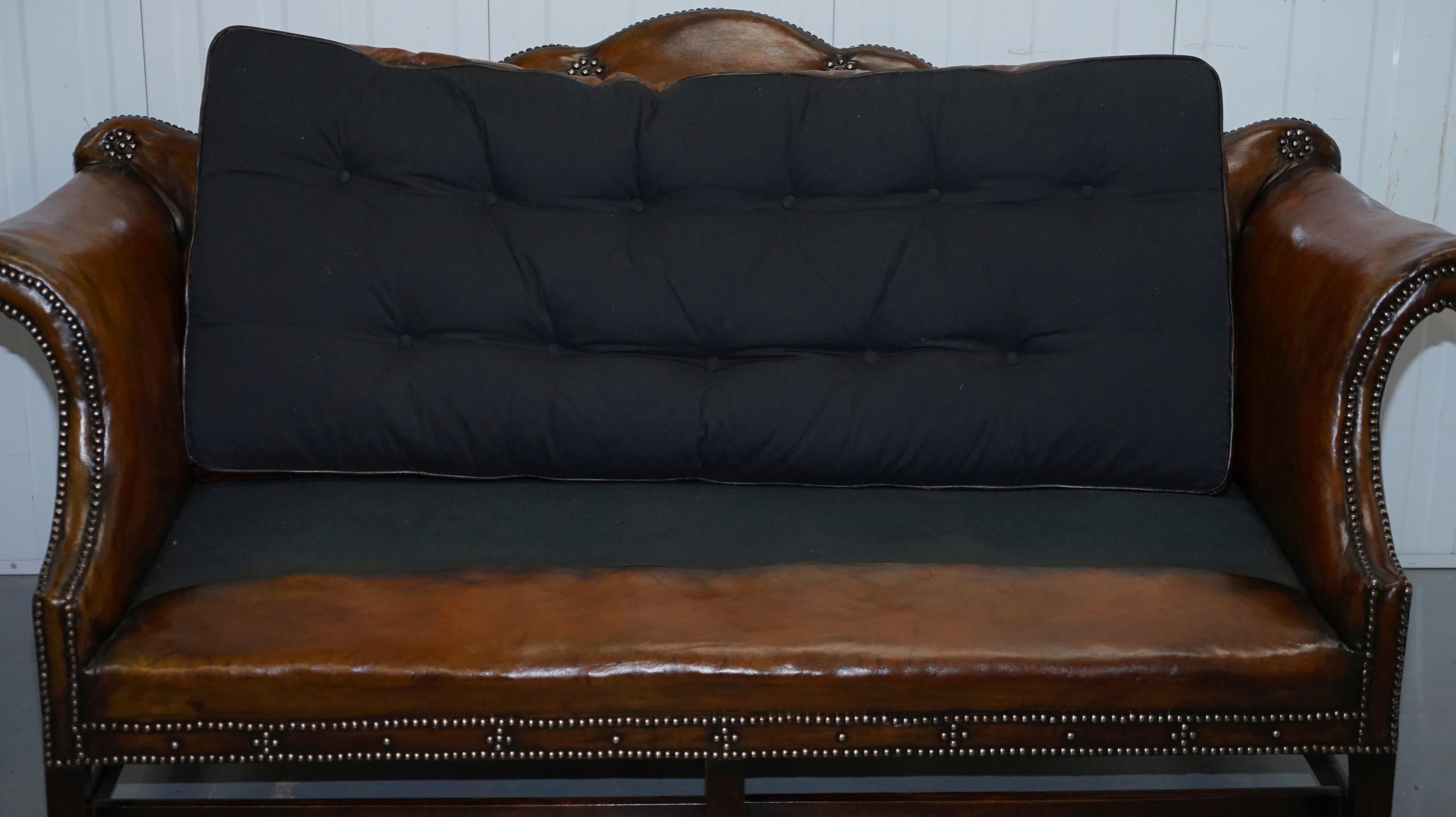 Rare Restored Camel Back Chippendale Buttoned Chesterfield Sofa Brown Leather 4