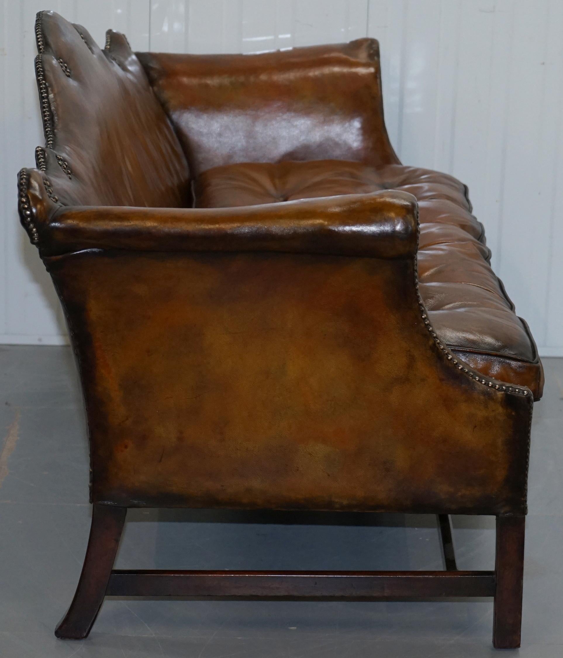 Rare Restored Camel Back Chippendale Buttoned Chesterfield Sofa Brown Leather 5