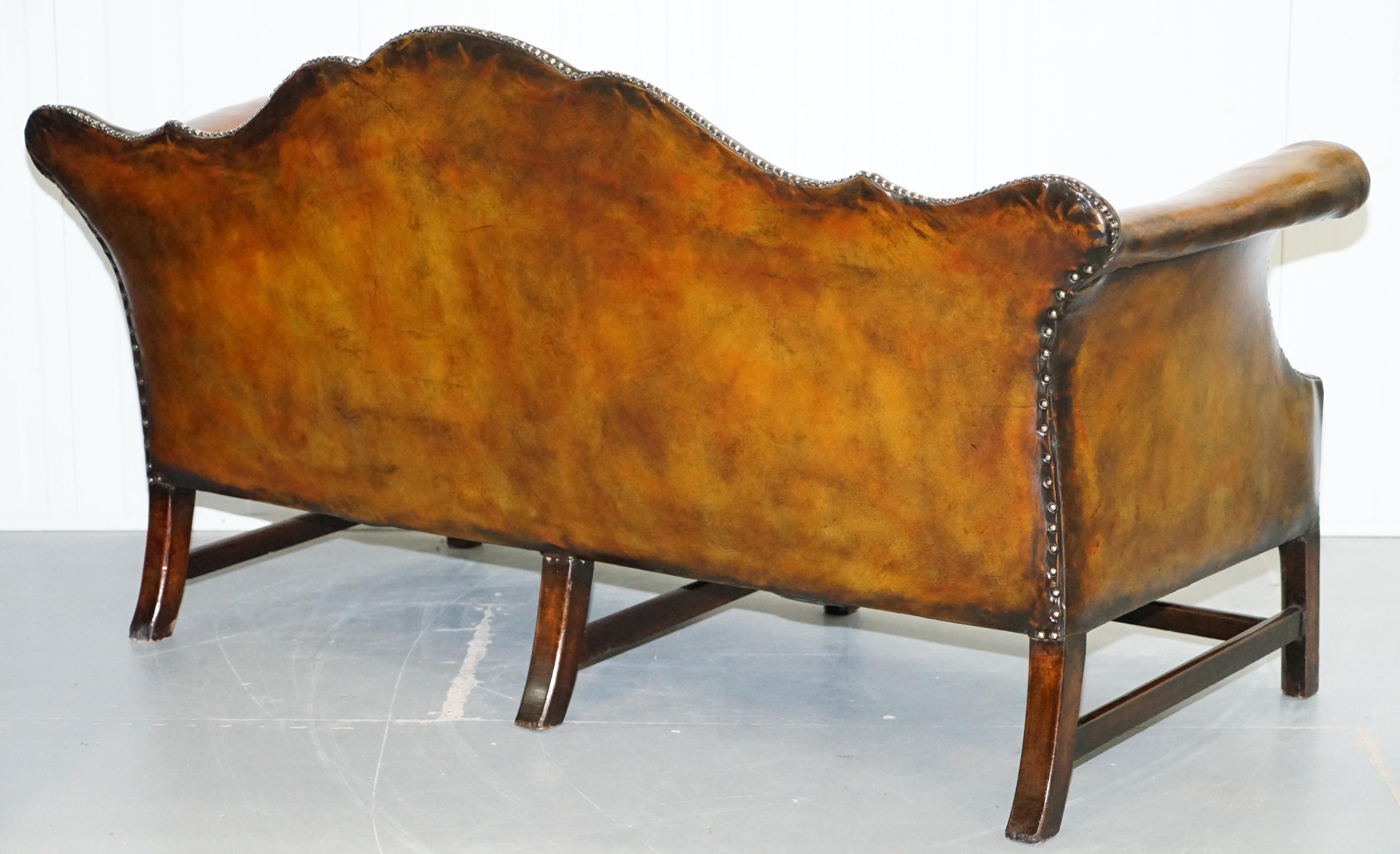 Rare Restored Camel Back Chippendale Buttoned Chesterfield Sofa Brown Leather 7