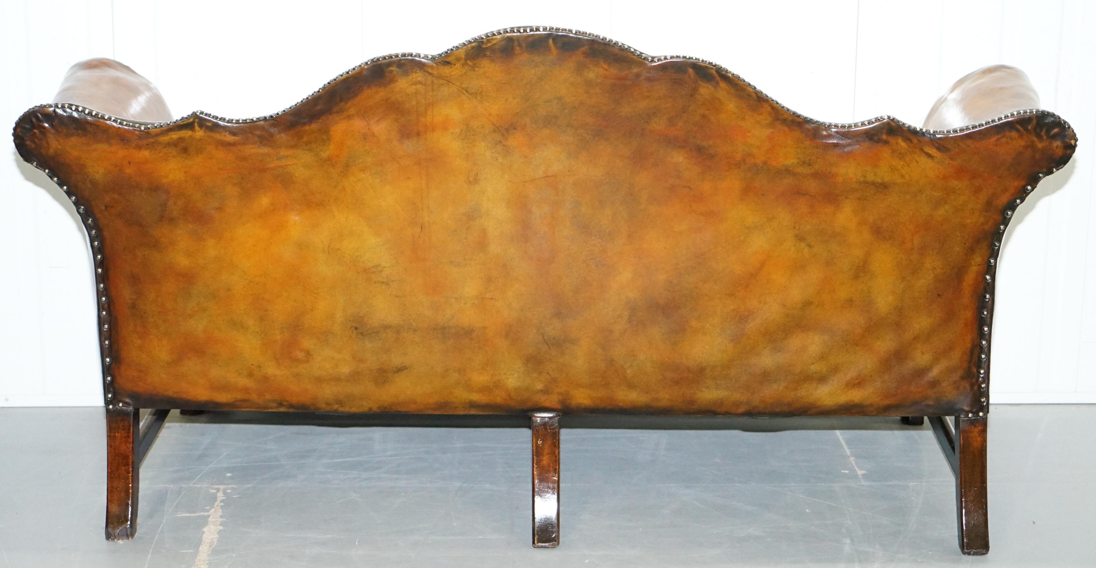 Rare Restored Camel Back Chippendale Buttoned Chesterfield Sofa Brown Leather 8