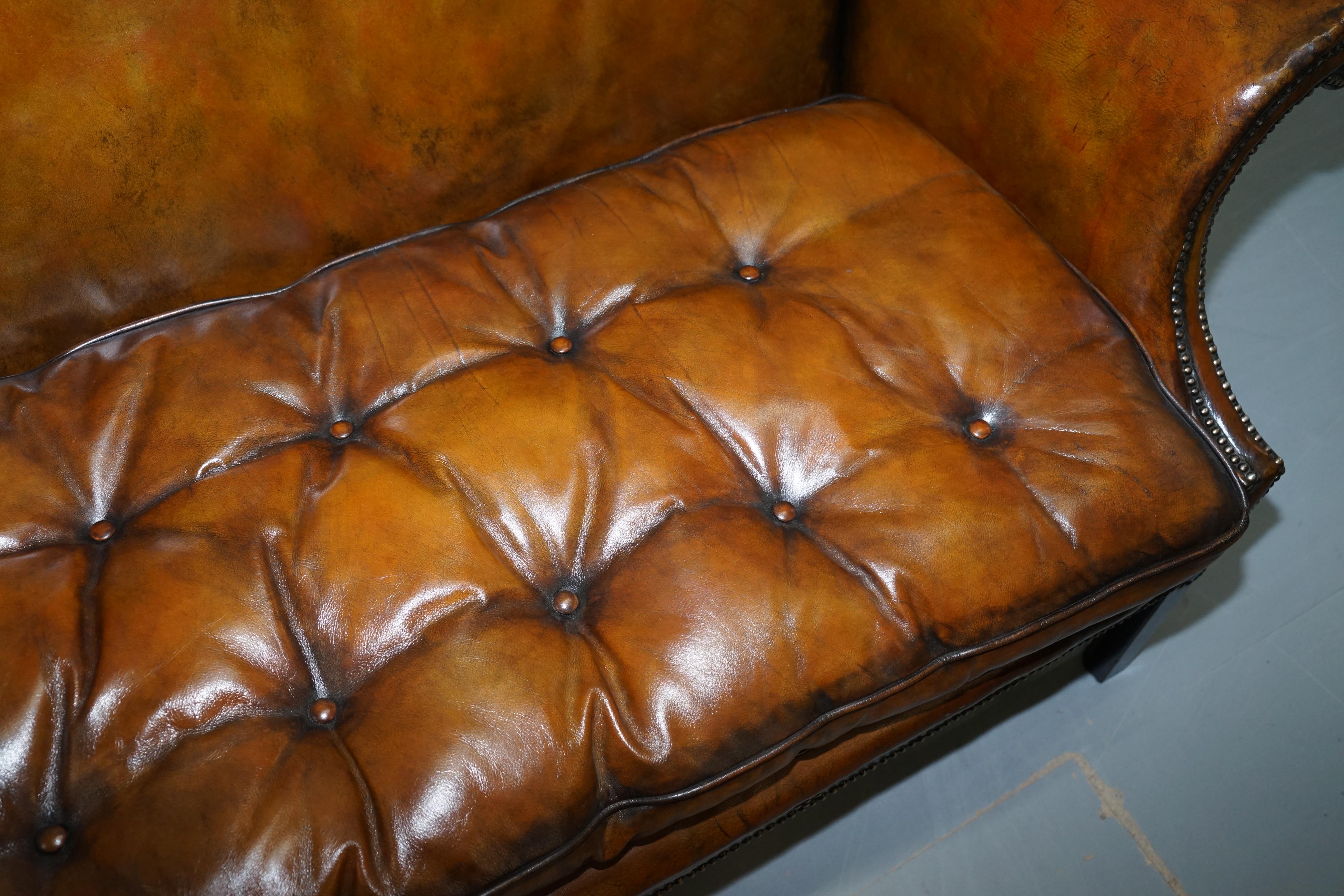 Early Victorian Rare Restored Camel Back Chippendale Buttoned Chesterfield Sofa Brown Leather