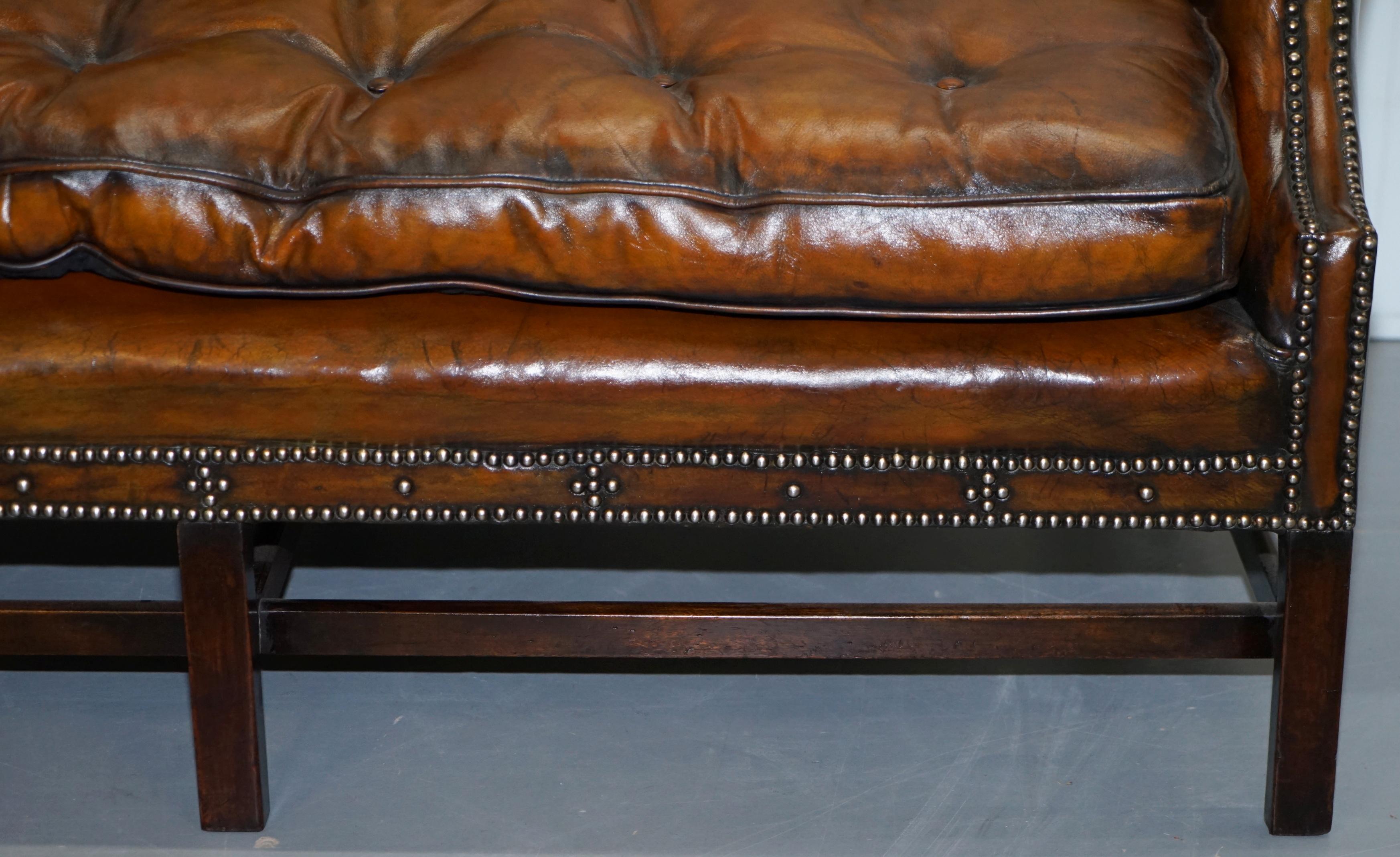 Hand-Crafted Rare Restored Camel Back Chippendale Buttoned Chesterfield Sofa Brown Leather